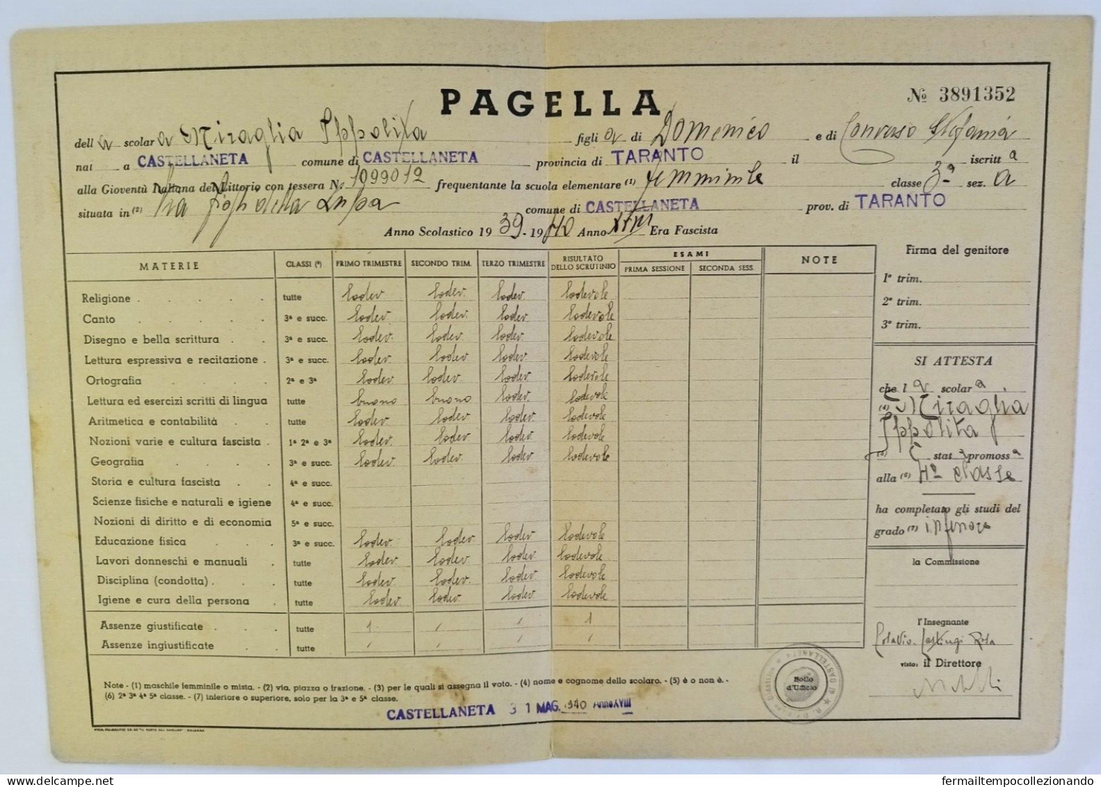 Bp129 Pagella Fascista Regno D'italia P.n.f. Giov. Littorio Castellaneta Taranto - Diplomi E Pagelle