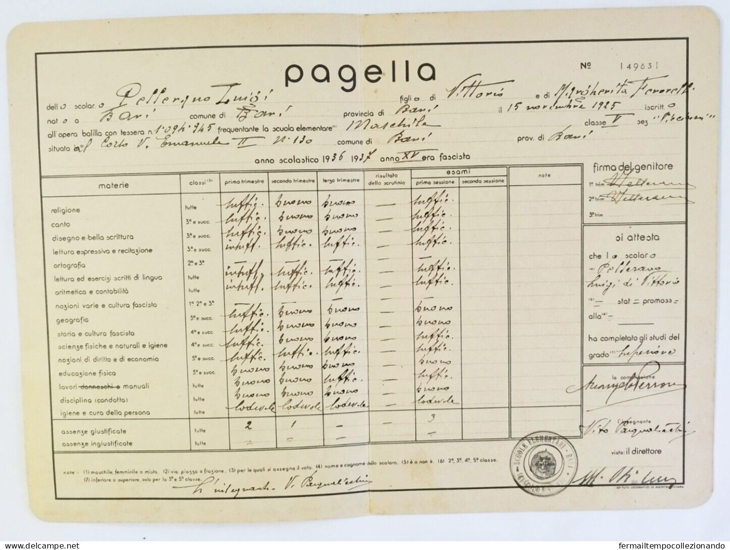 Bp131 Pagella Fascista Regno D'italia Opera Balilla Bari 1937 - Diploma & School Reports