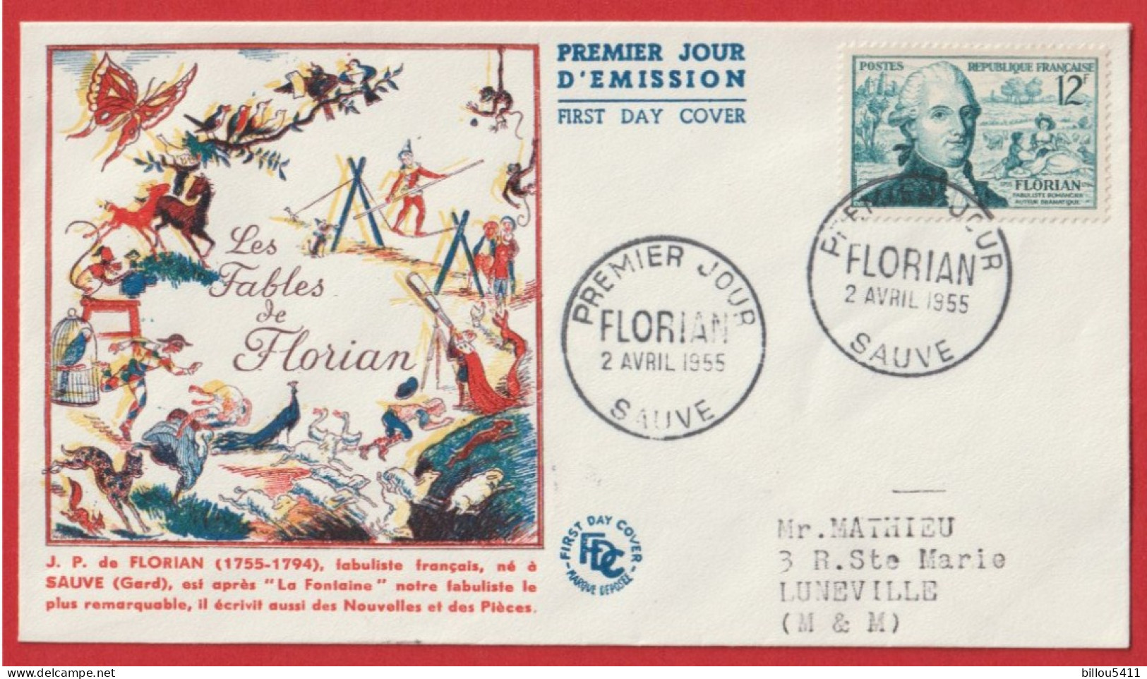 FDC 1er Jour FRANCE FLORIAN SAUVE 1955 ( Les Fables De Florian ) - 1950-1959