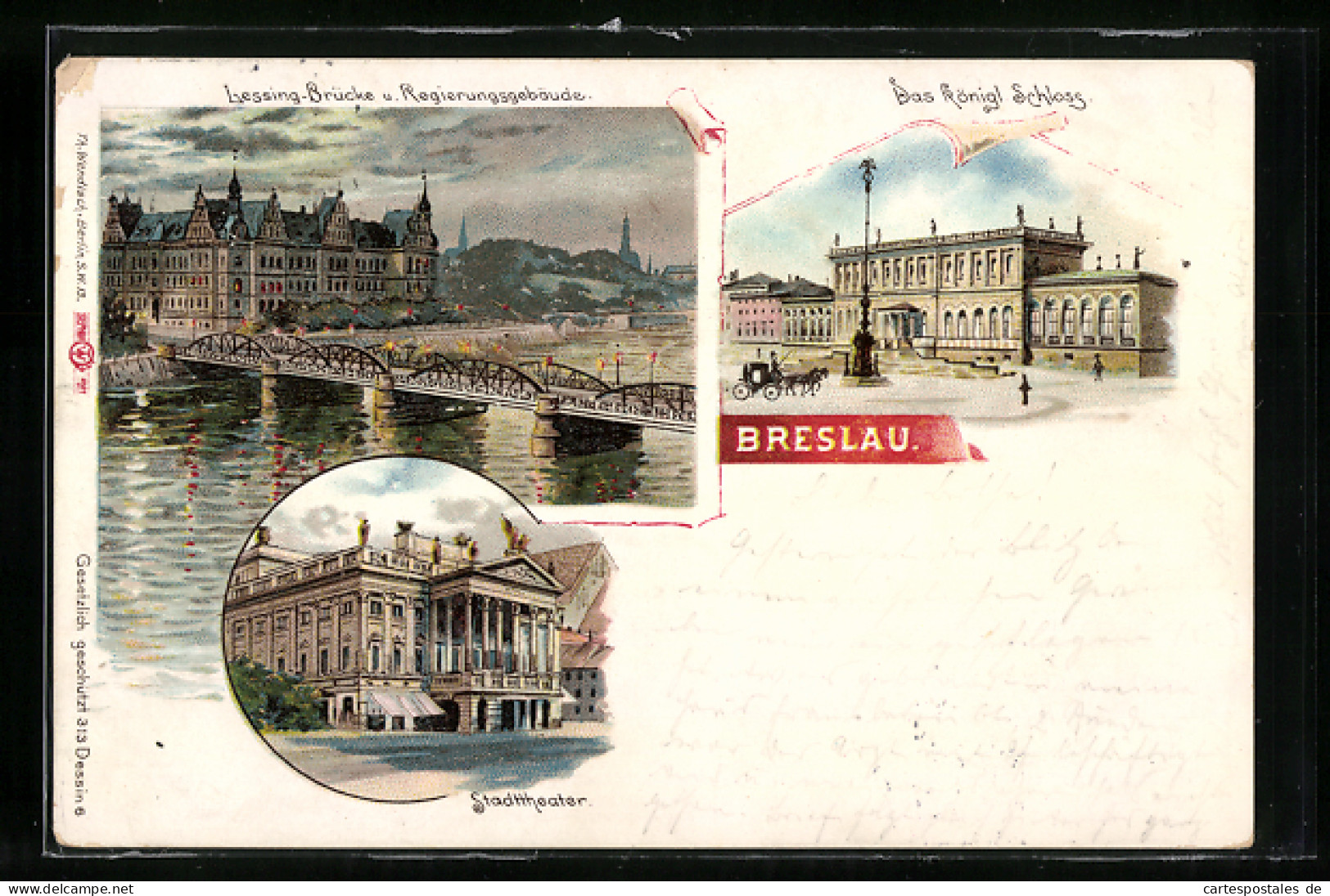 Lithographie Breslau, Lessing-Brücke U. Regierungsgebäude, Das Königliche Schloss, Stadttheater  - Schlesien