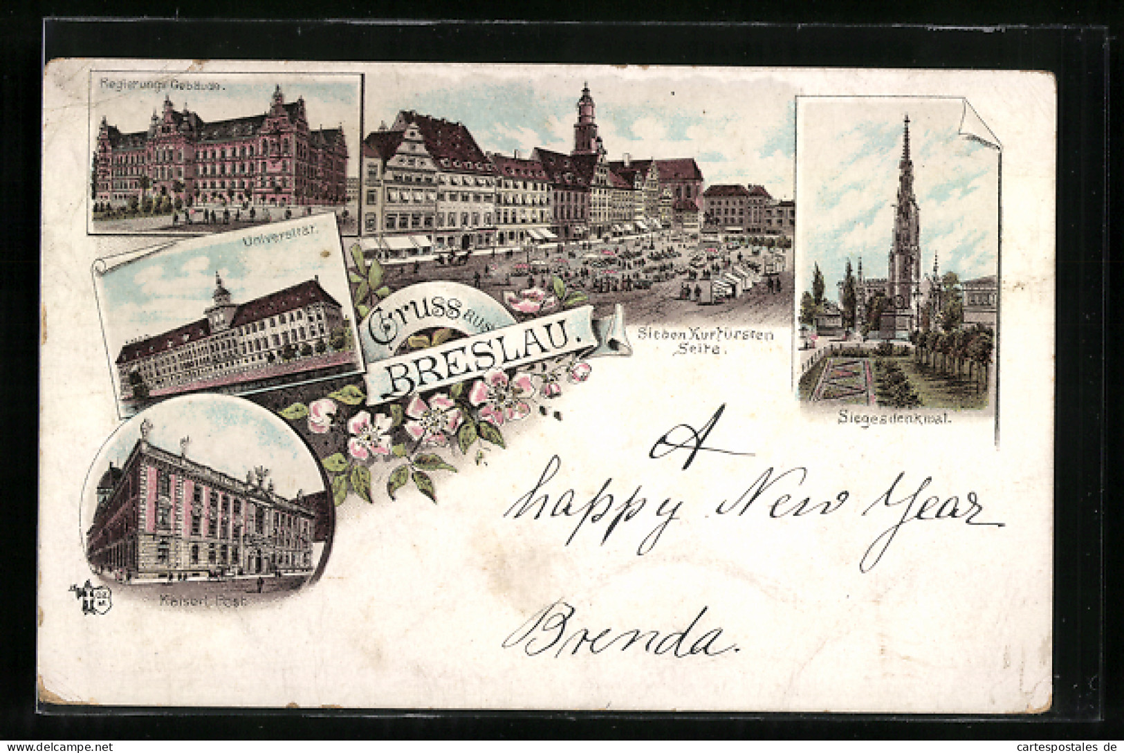 Lithographie Breslau, Regierungs-Gebäude, Kaiserliche Post, Universität  - Schlesien