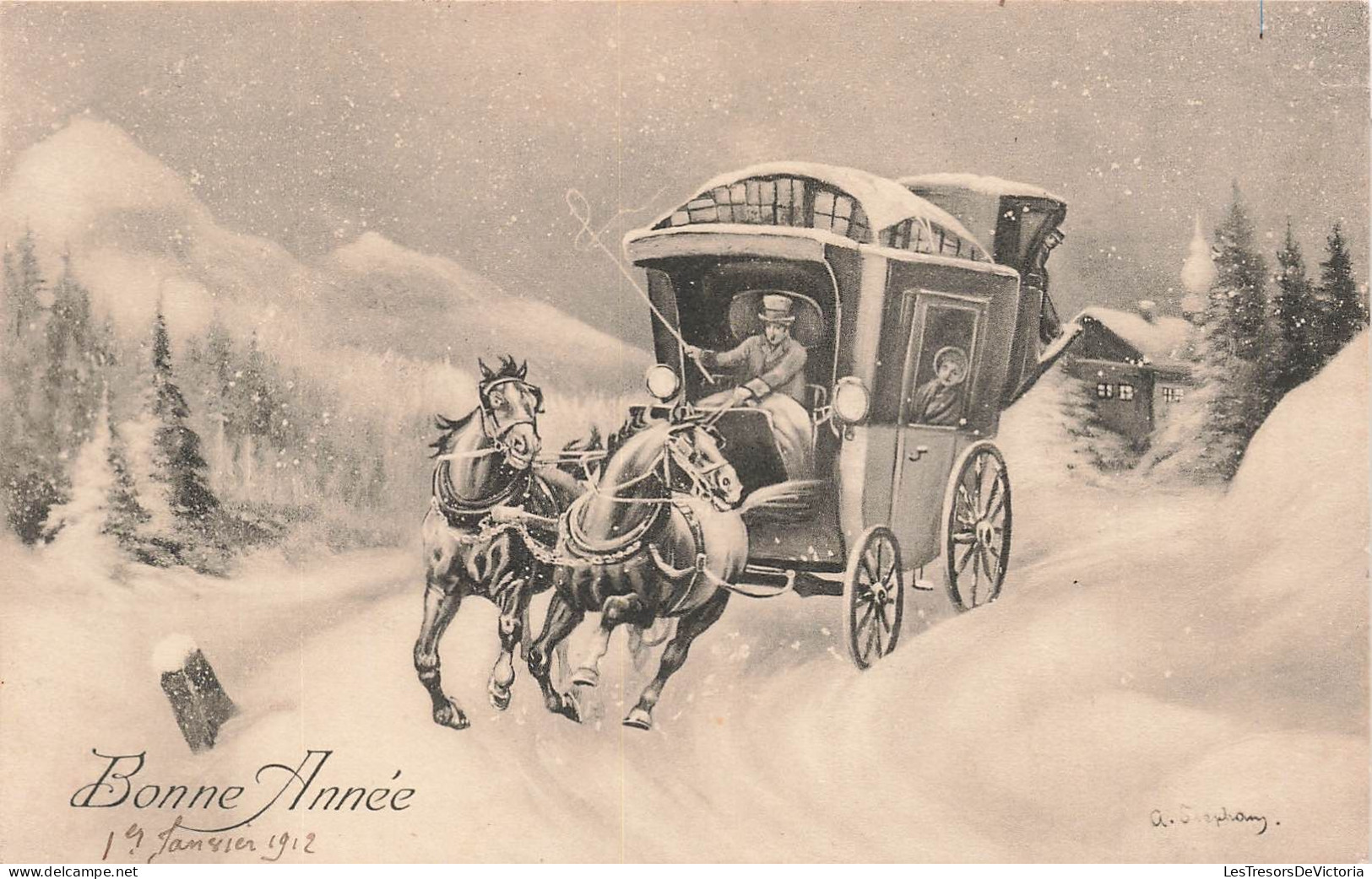 FETES - VOEUX - Nouvel An - Bonne Année - 19 Janvier 1912 - Cheval - Voiture - Homme - Femme - Carte Postale Ancienne - Nieuwjaar