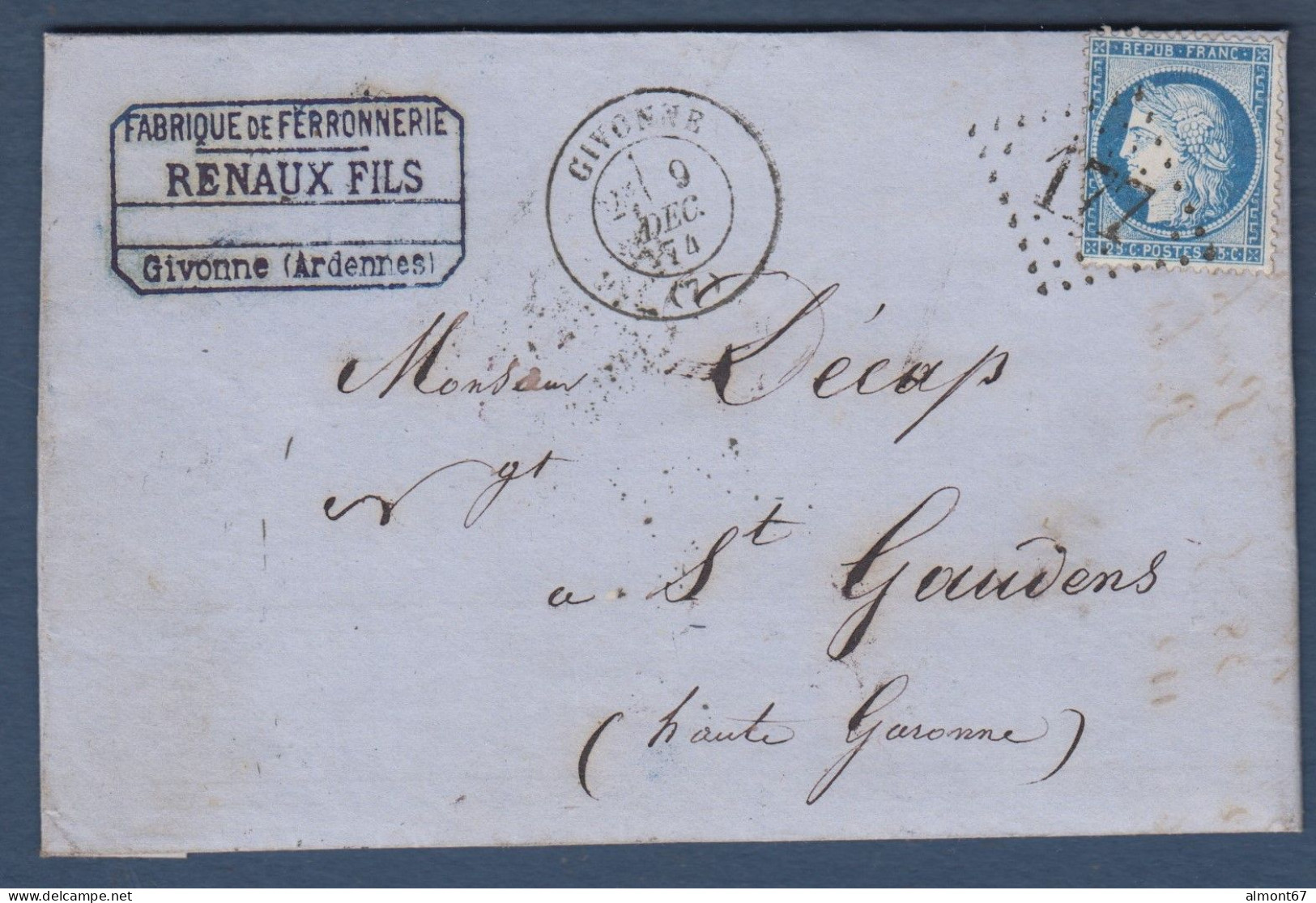 Ardennes - Cérès N° 60  Obl. GC  177 ( Remplaçant D' Alsace Lorraine ) Sur Lettre De Givonne Pour St Gaudens - 1849-1876: Classic Period