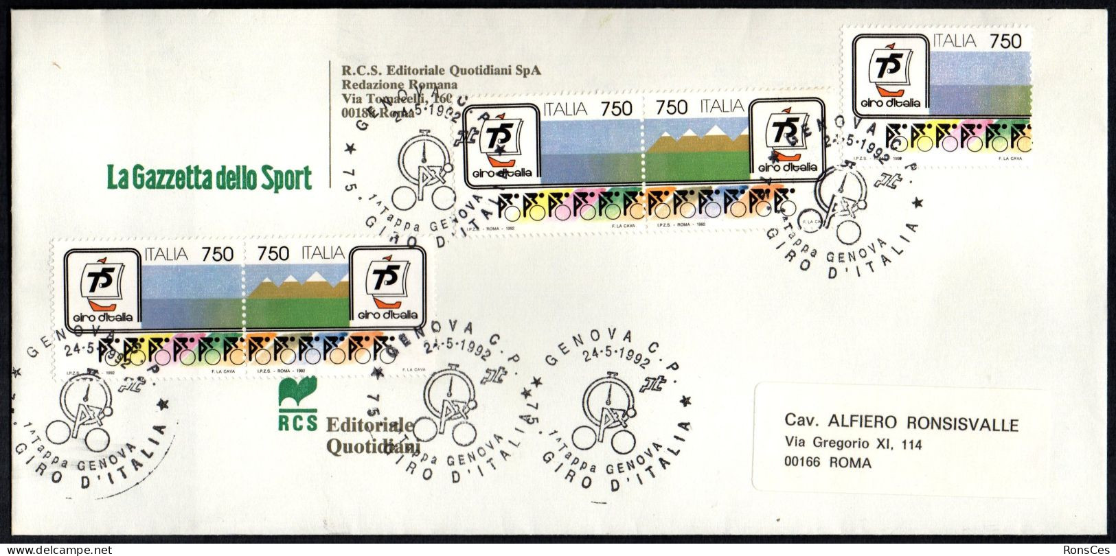 CYCLING - ITALIA GENOVA 1992 - 75° GIRO D'ITALIA DI CICLISMO - 1^ TAPPA - BUSTA UFFICIALE GAZZETTA DELLO SPORT - A - Ciclismo