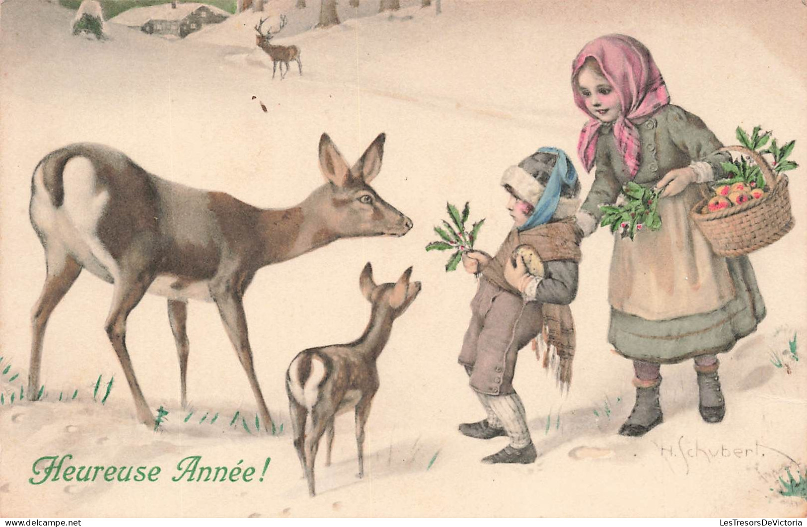 FETES - VOEUX - Nouvel An - Heureuse Année - Enfants - Cerfs - Neige - Fruits - Colorisé - Carte Postale Ancienne - Nieuwjaar