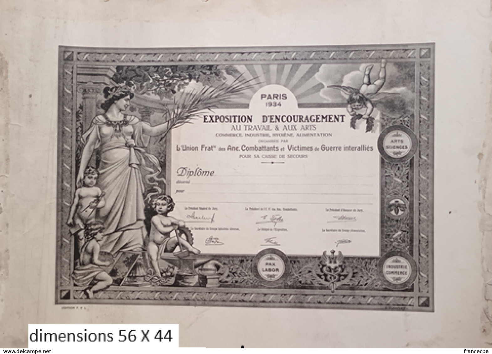 001 - PARIS 1934 - DIPLOME - EXPOSITION D'ENCOURAGEMENT Au Travail Et Aux Arts - Diplome Und Schulzeugnisse