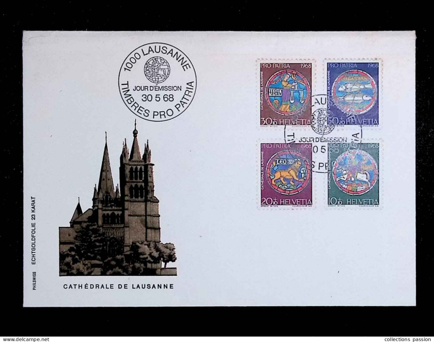 CL, FDC, Premier Jour, Suisse, Helvetia, 1000 Lausanne, Timbres Pro Patria, Cathédrale, 1968, Echtgoldfolie 23 Karat - FDC