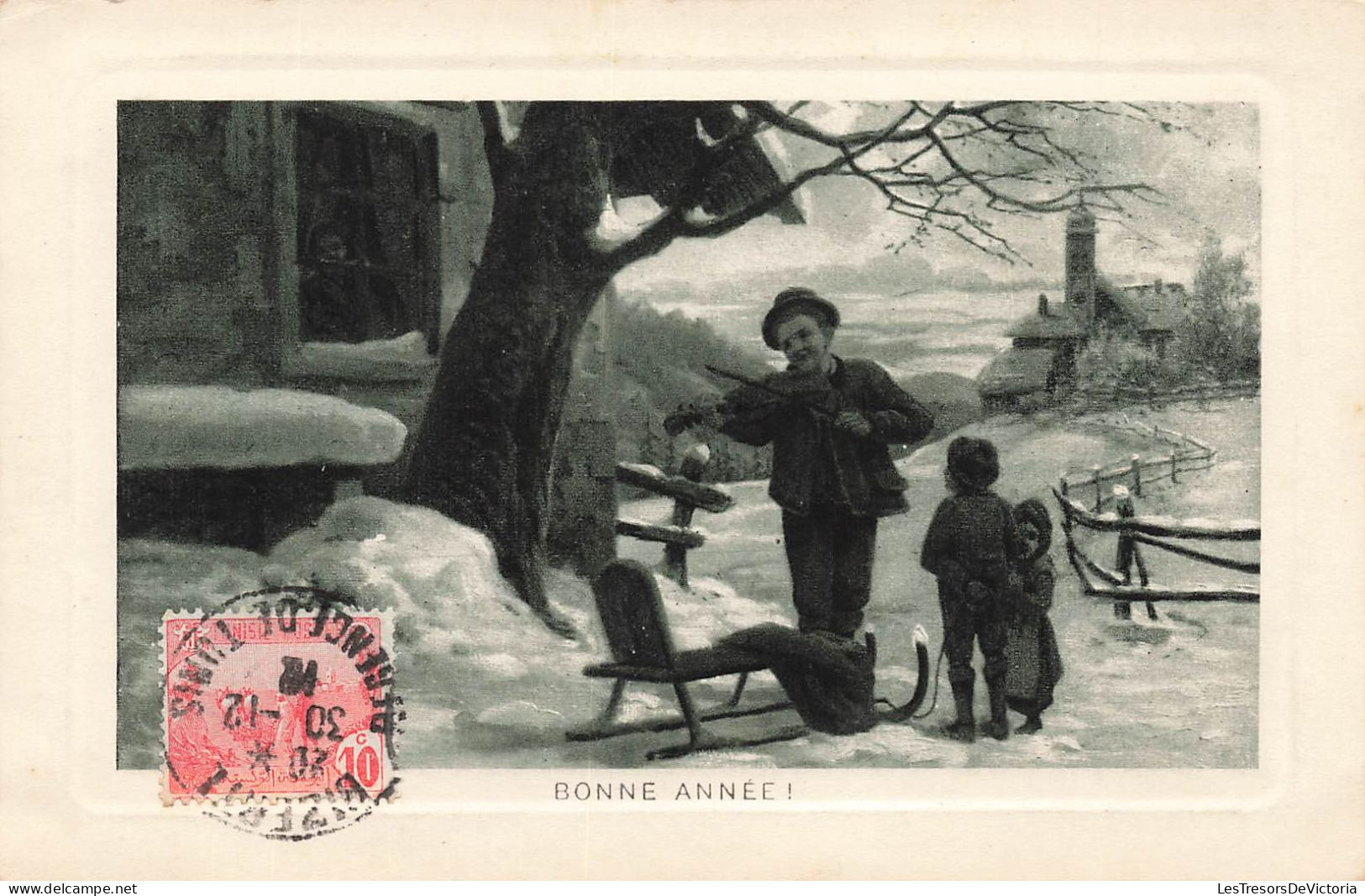 FETES - VOEUX - Nouvel An - Bonne Année - Enfants - Homme - Violon - Neige - Traineau - Carte Postale Ancienne - New Year