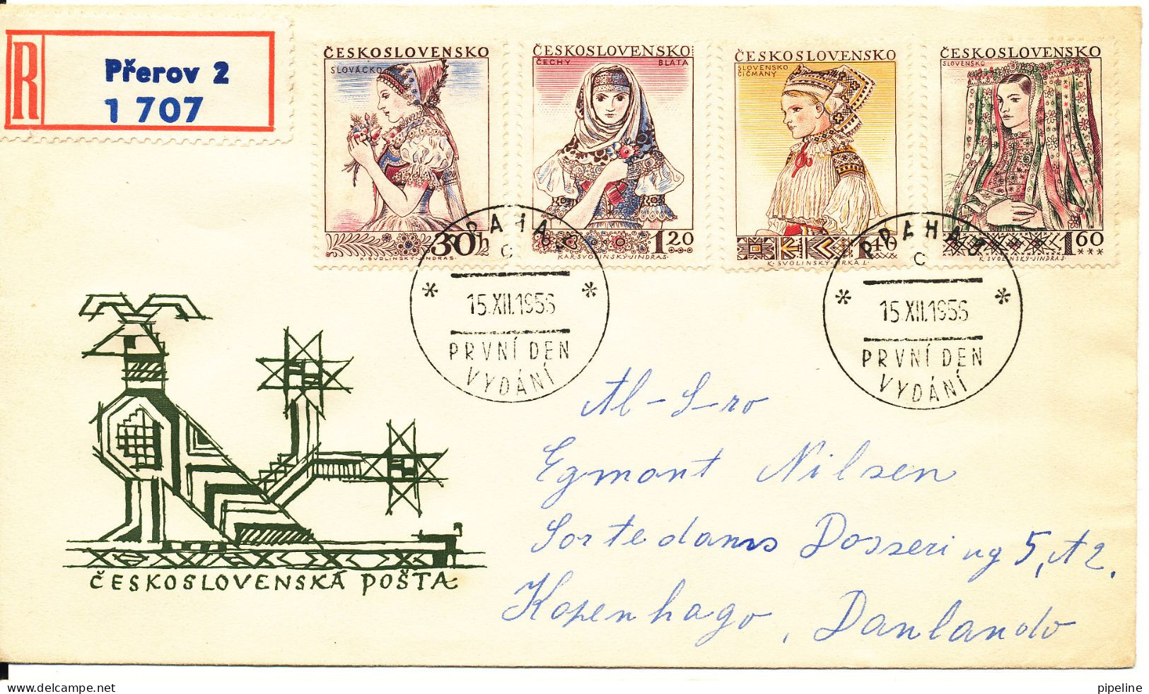 Czechoslovakia Registered FDC Complete Set NATIONAL COSTUMES 15-12-1956 Sent To Denmark - FDC
