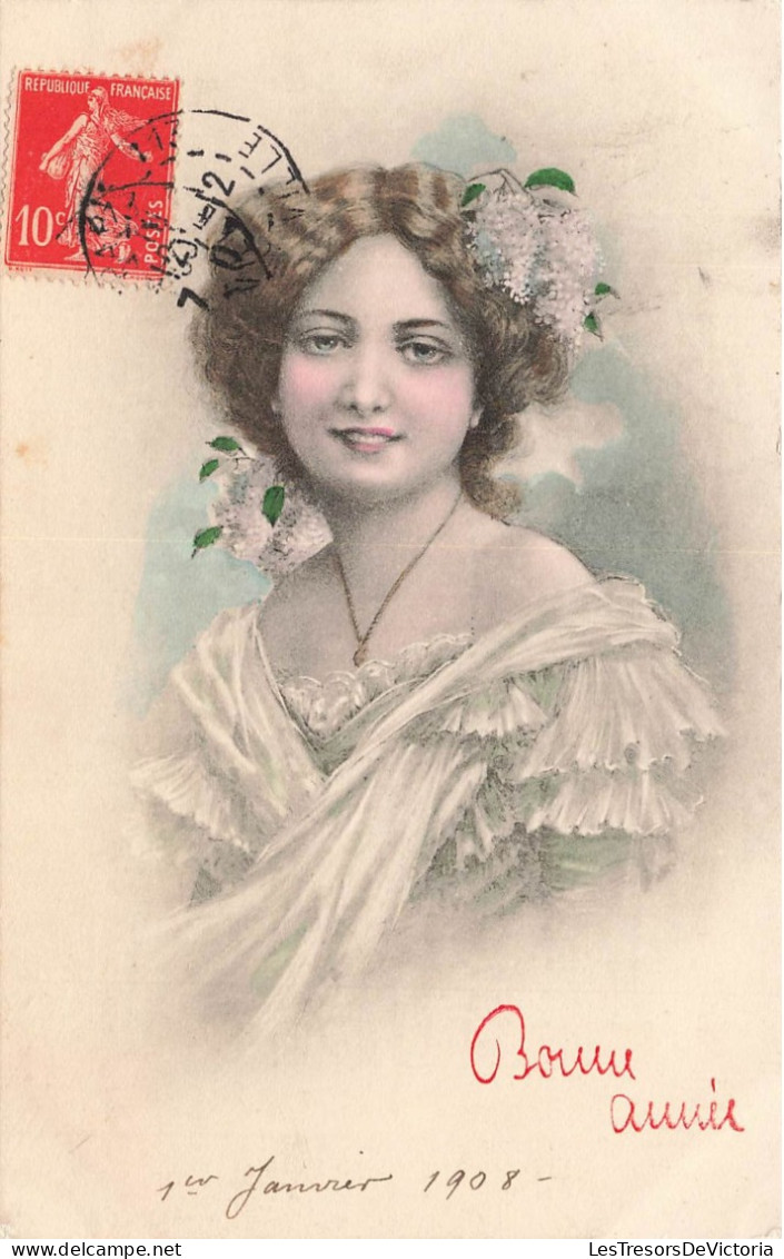 FETES - VOEUX - Nouvel An - Bonne Année - Femme Souriante - En Robe - Portant Un Collier-fleurs - Carte Postale Ancienne - Nieuwjaar