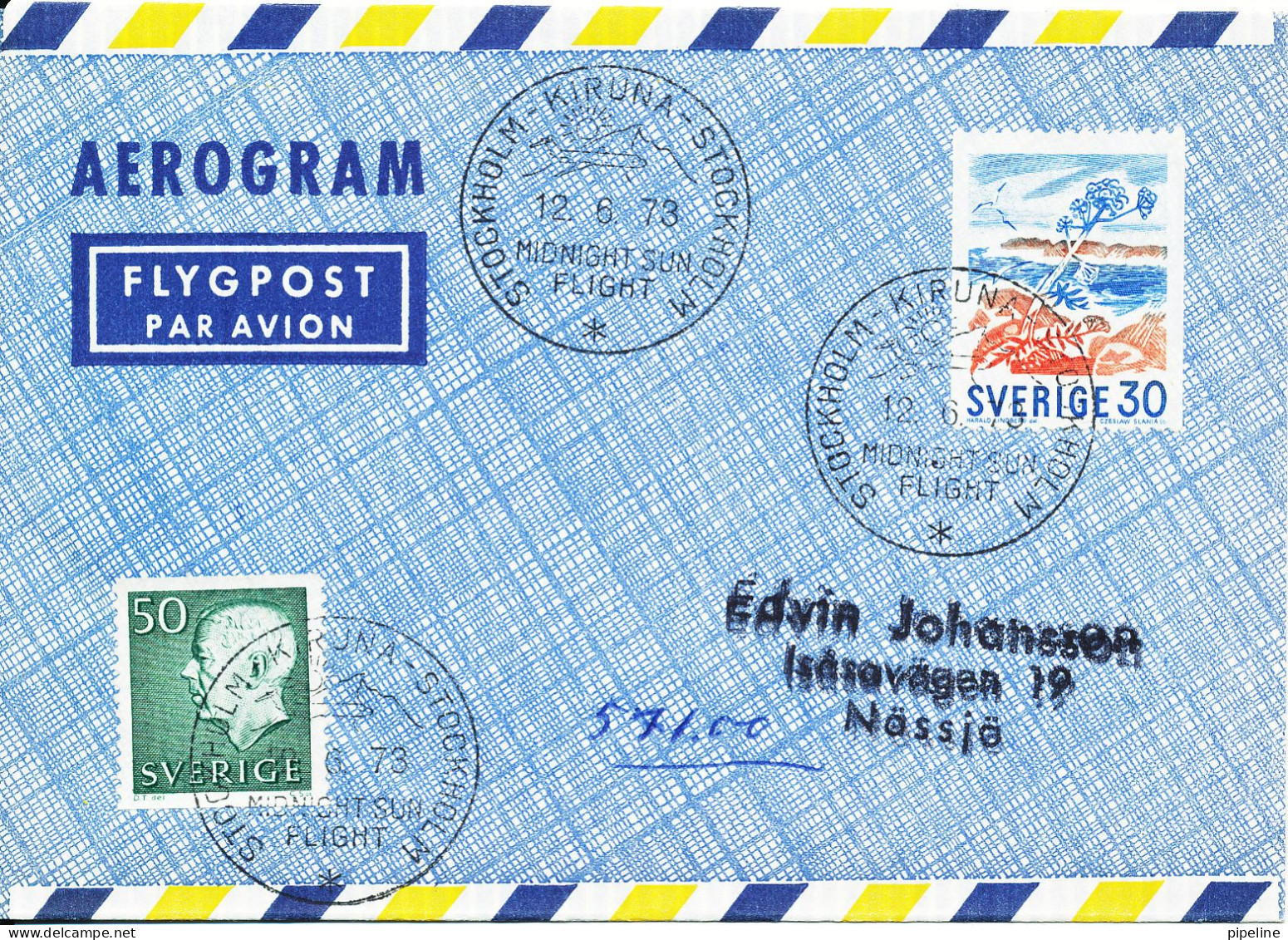 Sweden Aerogramme 12-6-1973 Midnight Sun Flight Stockholm - Kiruna - Stockholm - Cartas & Documentos