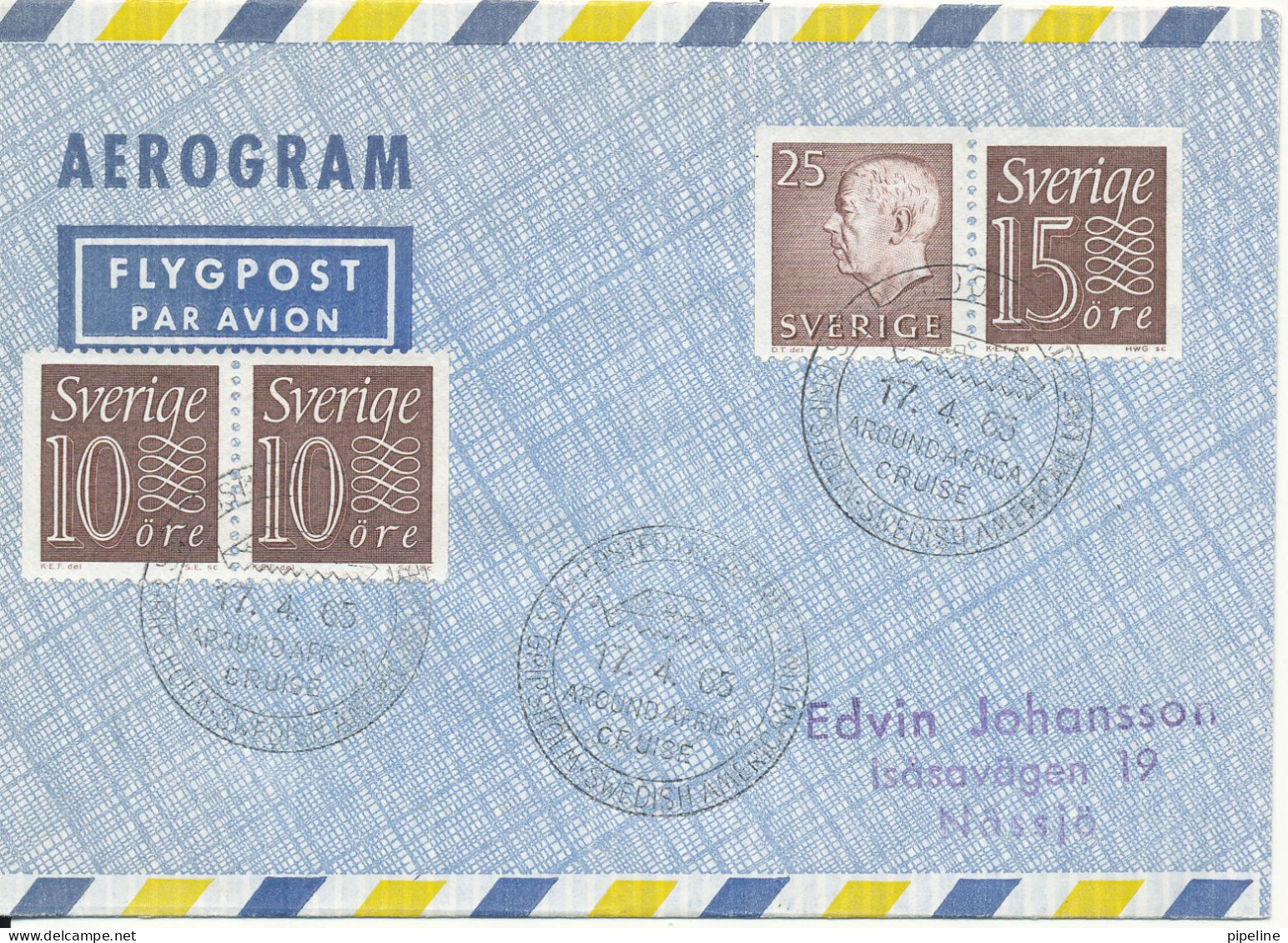 Sweden Aerogramme Ship Cover Posted On Board Swedish - America Line GRIPSHOLM Around Africa Cruise - Lettres & Documents