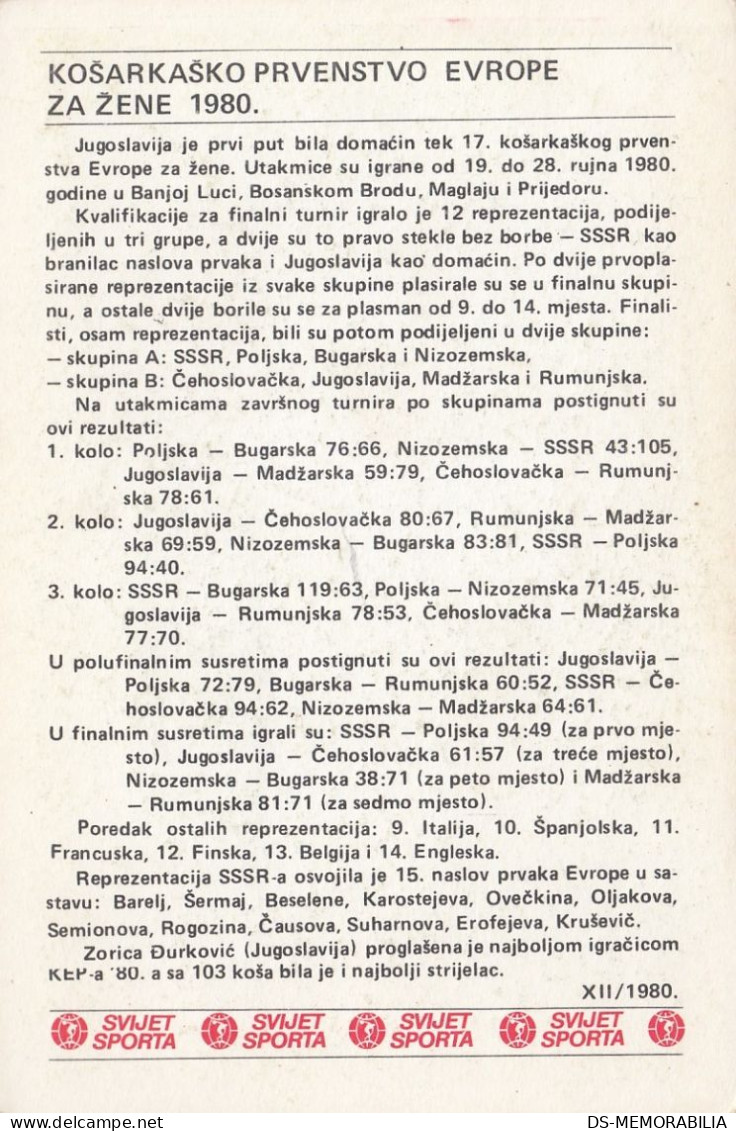 Basketball World Championship For Women Yugoslavia 1980 Trading Card Svijet Sporta - Pallacanestro
