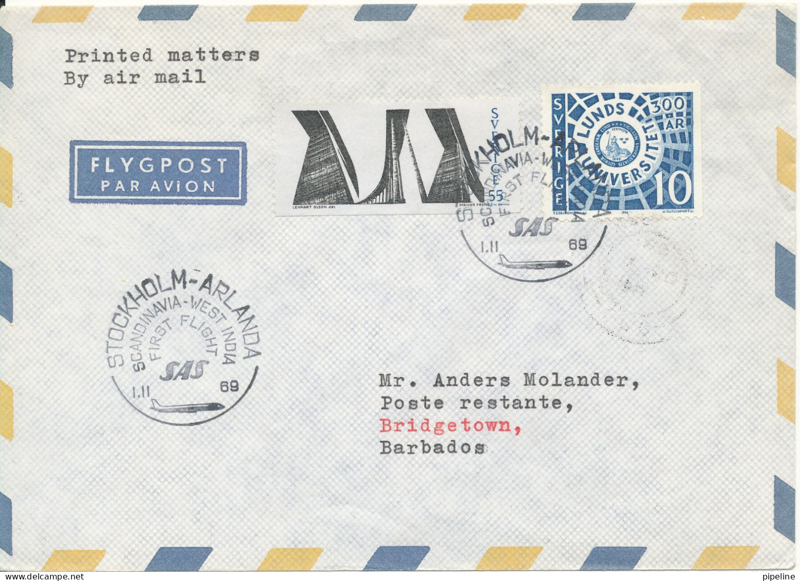Sweden Air Mail Cover First SAS Flight Scandinavia - West India 1-11-1969 - Covers & Documents