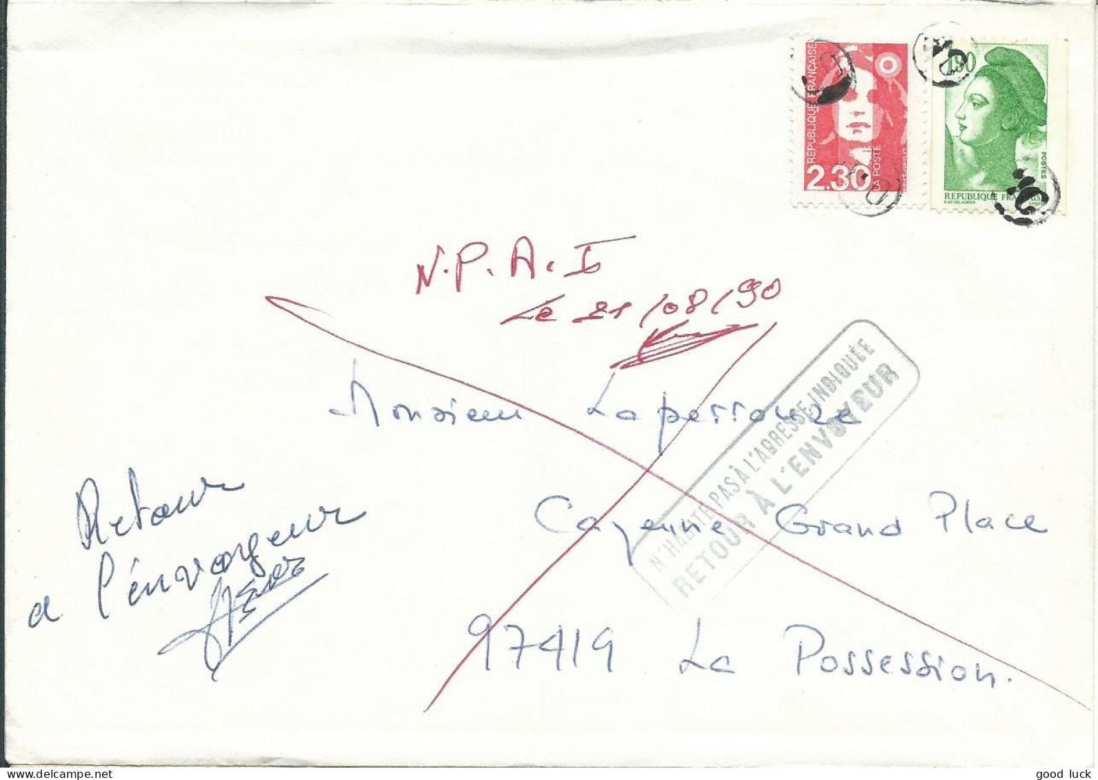 REUNION LETTRE 4F20 CACHET " OL "  LA POSSESSION POUR LA POSSESSION  " NPAI " DE 1990 LETTRE COVER - Other & Unclassified