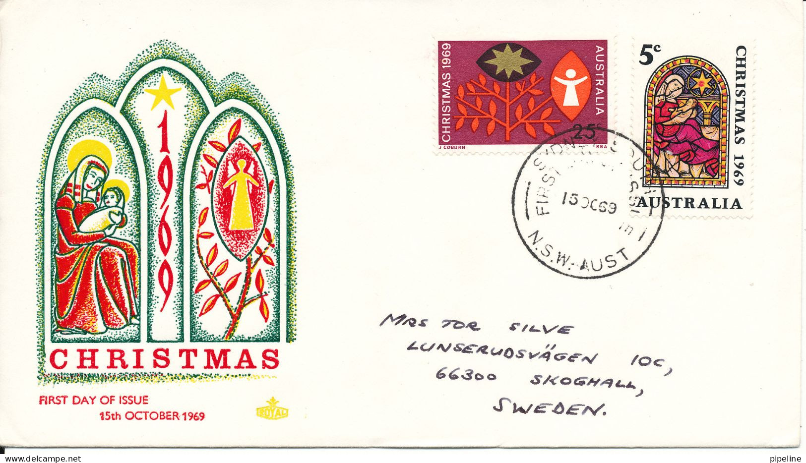 Australia FDC 15-10-1969 Christmas Stamps Complete Set Of 2 With Cachet Sent To Sweden - Sobre Primer Día (FDC)