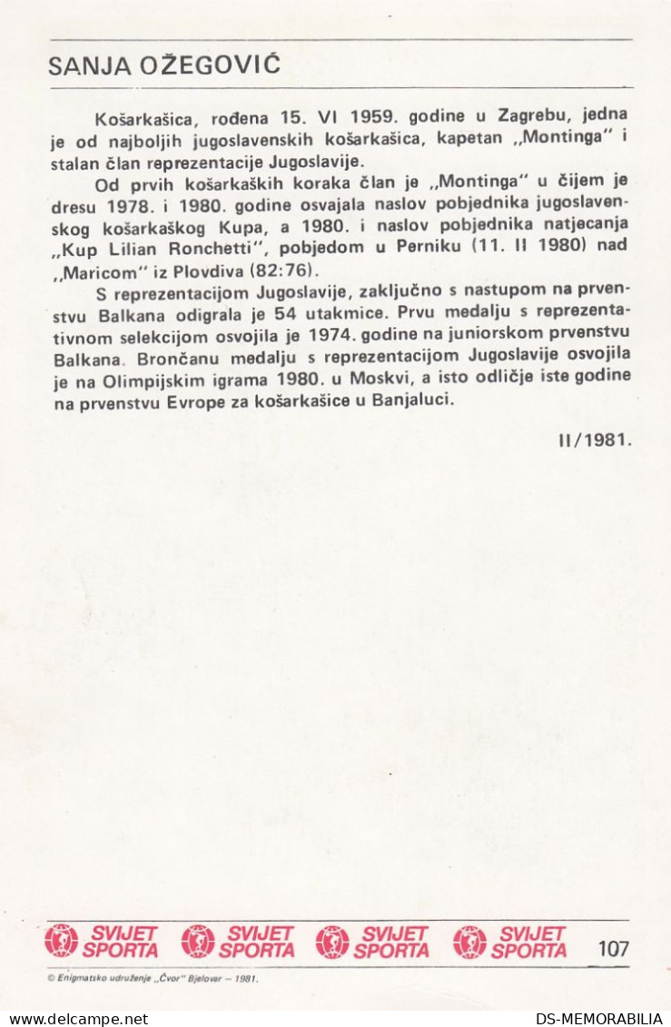 Basketball Sanja Ozegovic Yugoslavia Trading Card Svijet Sporta - Basketball