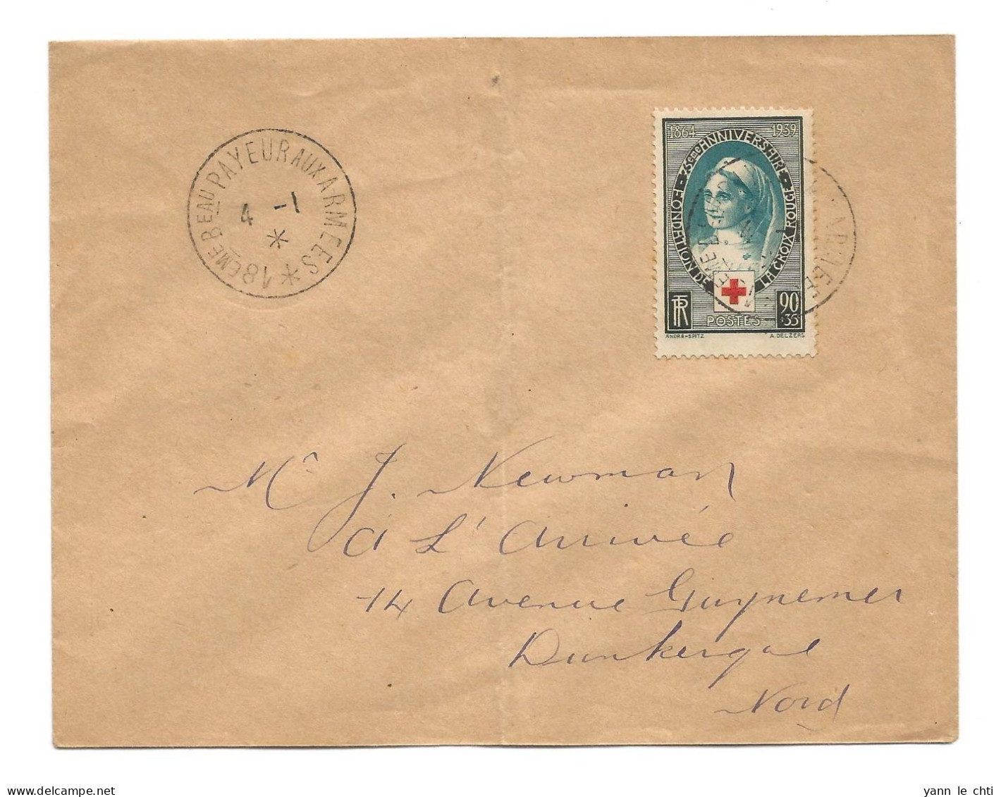 Enveloppe CAD 18 ème Bureau Payeur Aux Armées Janvier 1940 Dunkerque Nord Croix Rouge  Maury N° 422 - WW II