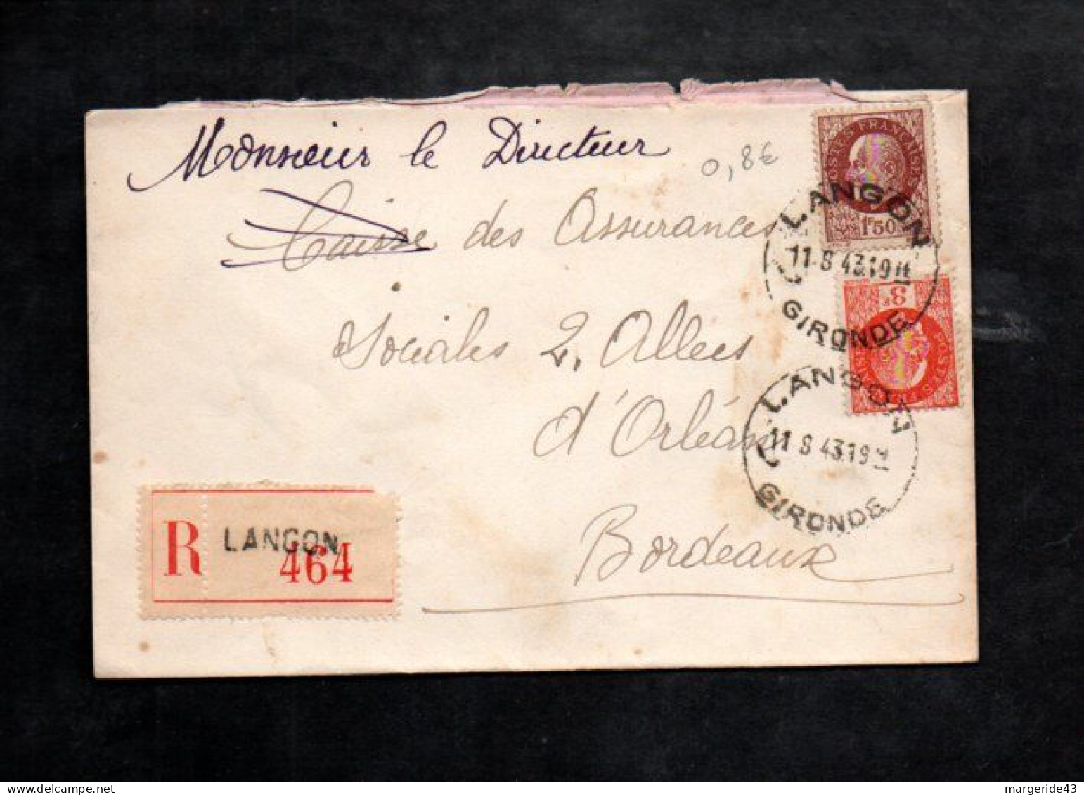 PETAIN SUR LETTRE RECOMMANDEE DE LANGON 1943 - 1921-1960: Periodo Moderno