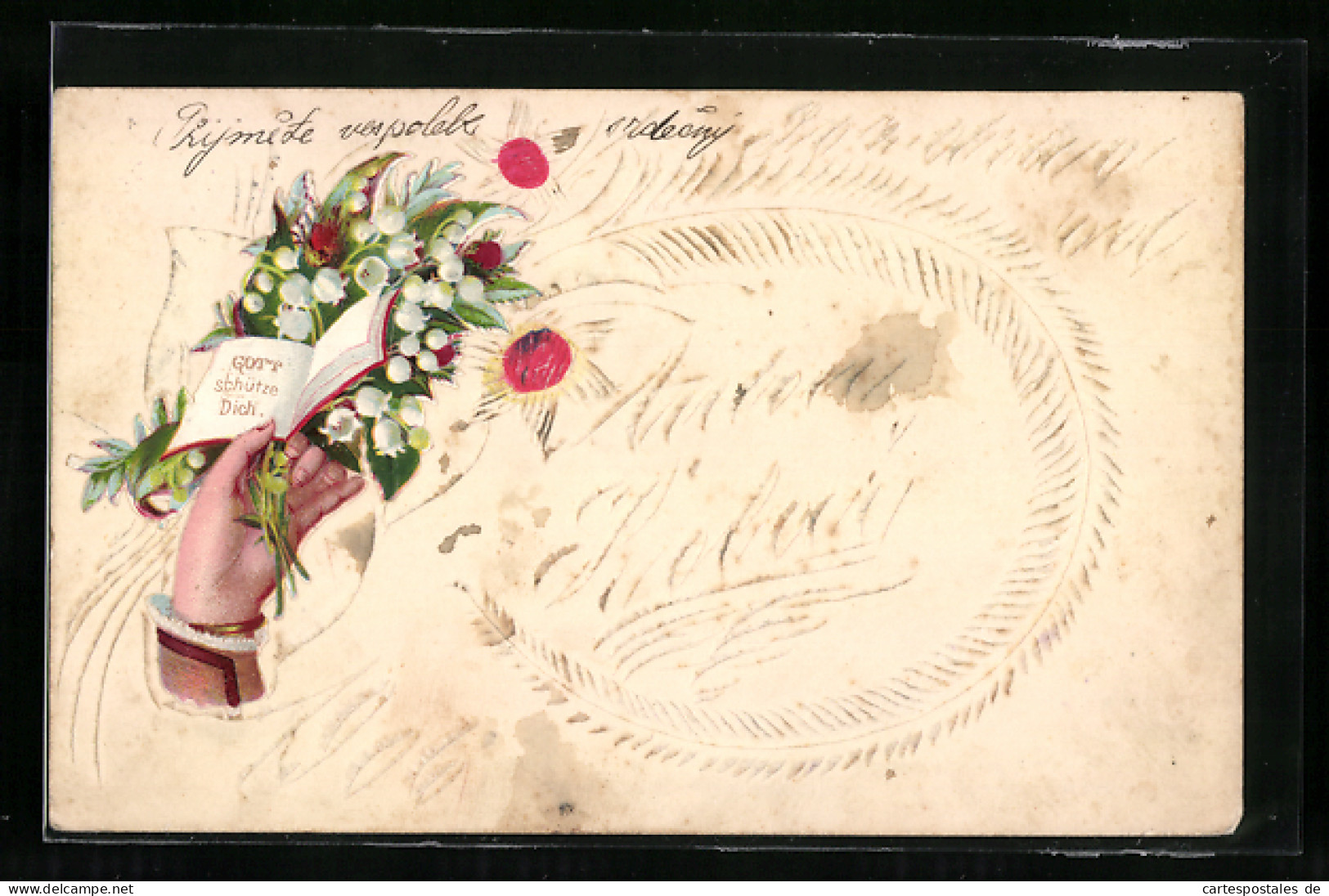 Papierkunst-AK Weisse Blumen Und Blätterzweige Mit Aufgeklebtem Blumenstrauss, 1906  - Autres & Non Classés