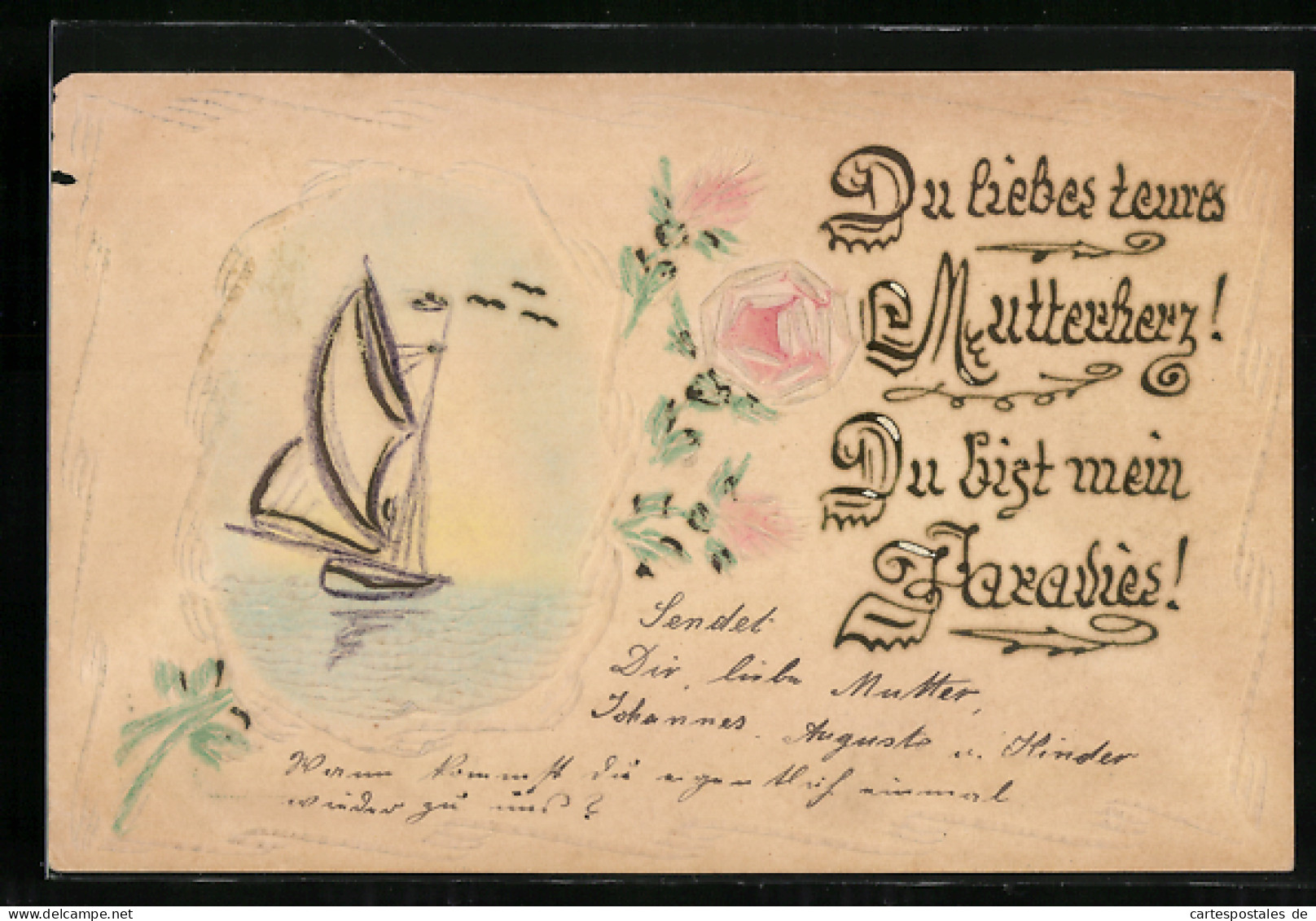 Papierkunst-AK Blumen Und Segelboot Mit Gezeichneten Details  - Other & Unclassified