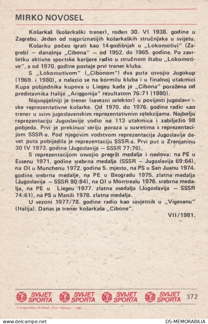 Basketball TRainer Mirko Novosel Croatia Yugoslavia Trading Card Svijet Sporta - Basketball