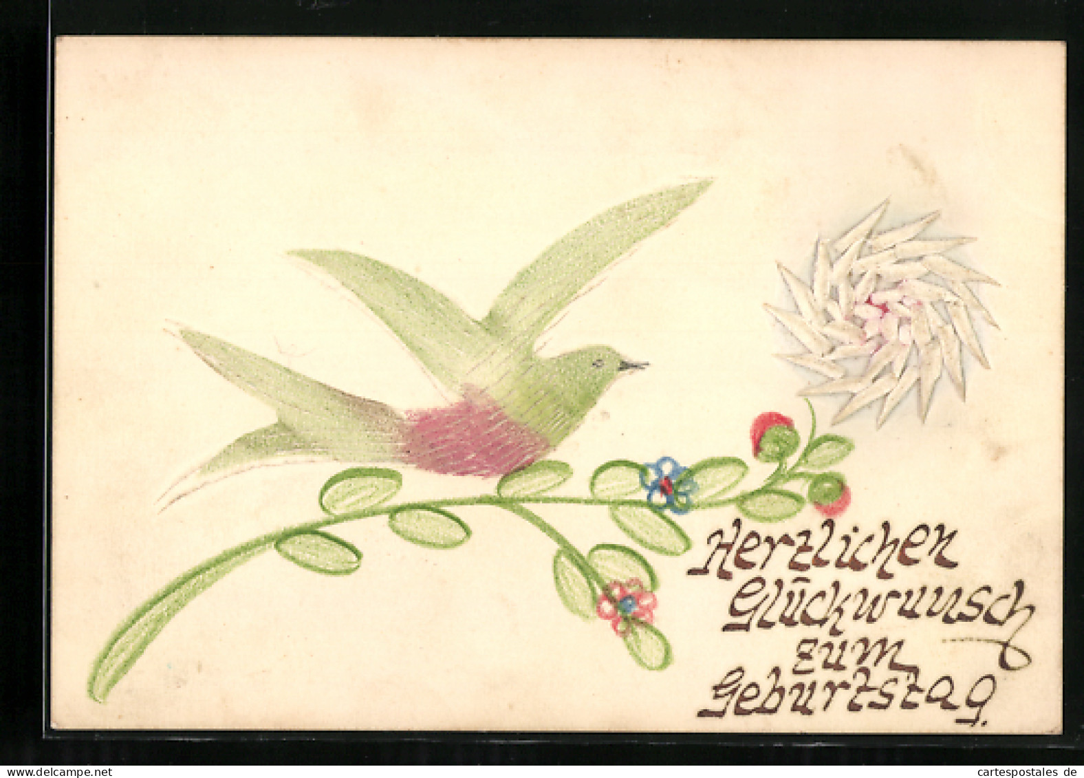 Papierkunst-AK Taube Und Blume Mit Gezeichneten Details  - Sonstige & Ohne Zuordnung