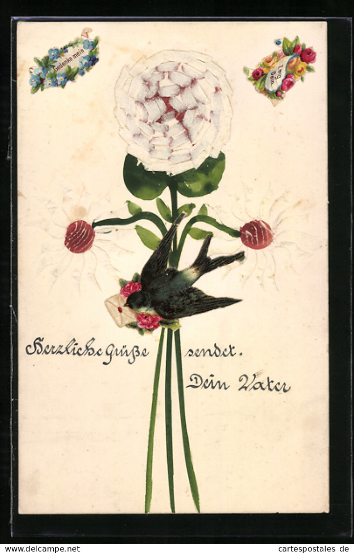 Papierkunst-AK Blumen Gezeichnet Und Aufgeklebt, Brieftaube  - Sonstige & Ohne Zuordnung