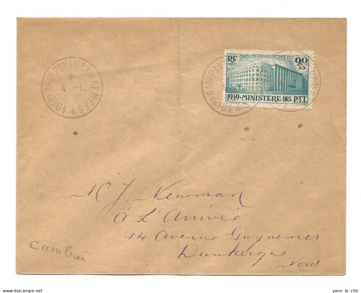 Enveloppe CAD 18 ème Bureau Payeur Aux Armées Janvier 1940 Dunkerque Nord Orphelins Des PTT Maury N° 424 - WW II