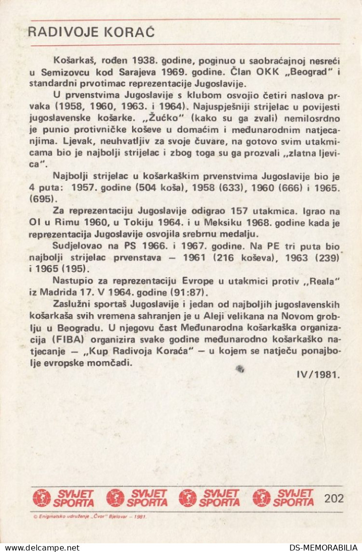 Basketball Radivoje Korac Yugoslavia Trading Card Svijet Sporta - Basket-ball