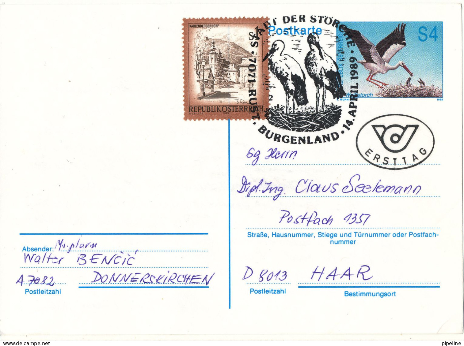 Austria Uprated Postal Stationery Card Sent To Germany 14-4-1989 STORK Also STORK In The Postmark - FDC