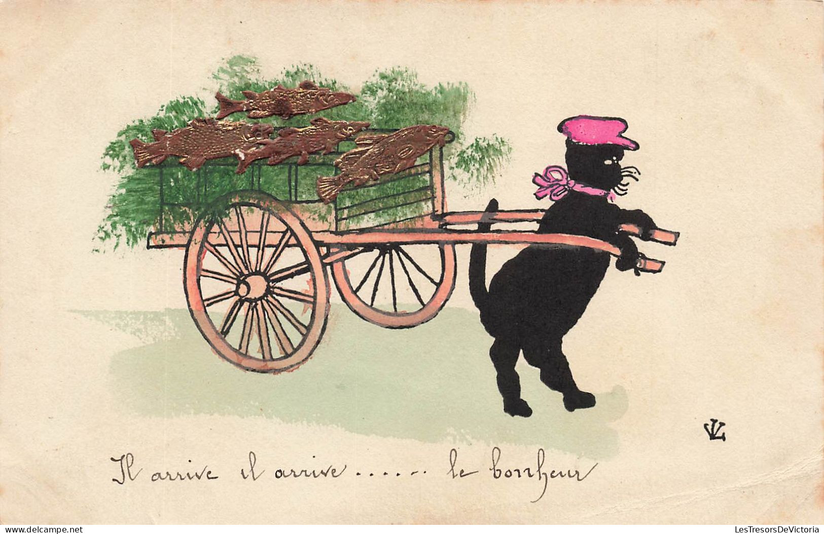 ILLUSTRATEURS - NON SIGNE- Il Arrive Il Arrive... Le Bonheur - Chat Noir - Charrette - Poissons - Carte Postale Ancienne - Unclassified