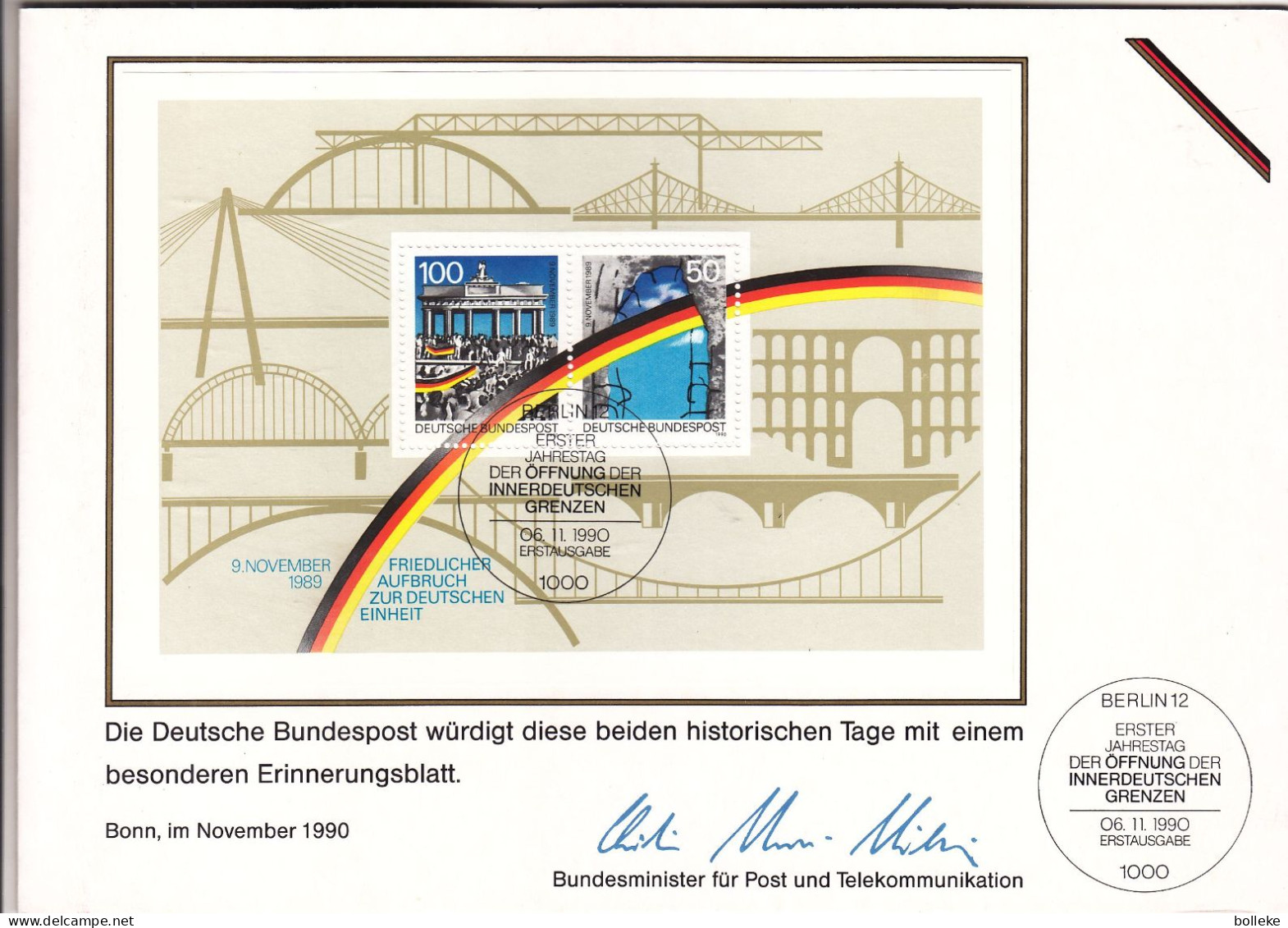 Allemagne - République Fédérale - Document De 1990 - Avec Timbres Et Bloc Oblitérés De La Réunification - GF - Cartas & Documentos