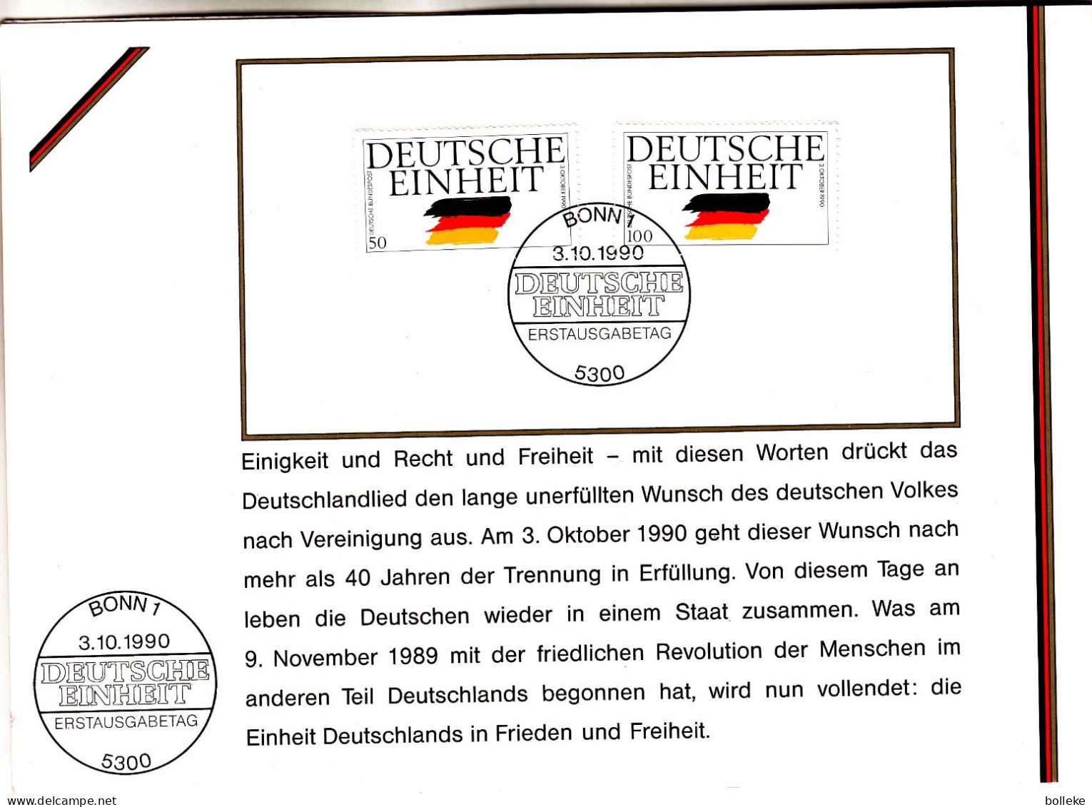 Allemagne - République Fédérale - Document De 1990 - Avec Timbres Et Bloc Oblitérés De La Réunification - GF - Briefe U. Dokumente