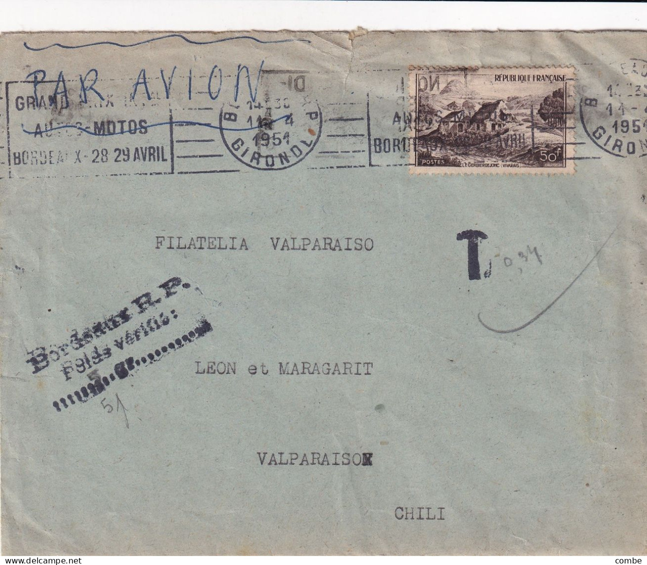 LETTRE. 14 4 51. BORDEAUX. GRIFFE BORDEAUX RP POIDS VERIFIE. N° 843 SEUL. POUR VALPARAISO CHILI. TAXE 0,34 - 1921-1960: Periodo Moderno