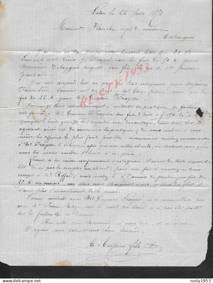 LETTRE DE 1872 DE SALON POUR ANTRAIGUES SUR VOLANE ARDECHE : - 1871-1875 Ceres