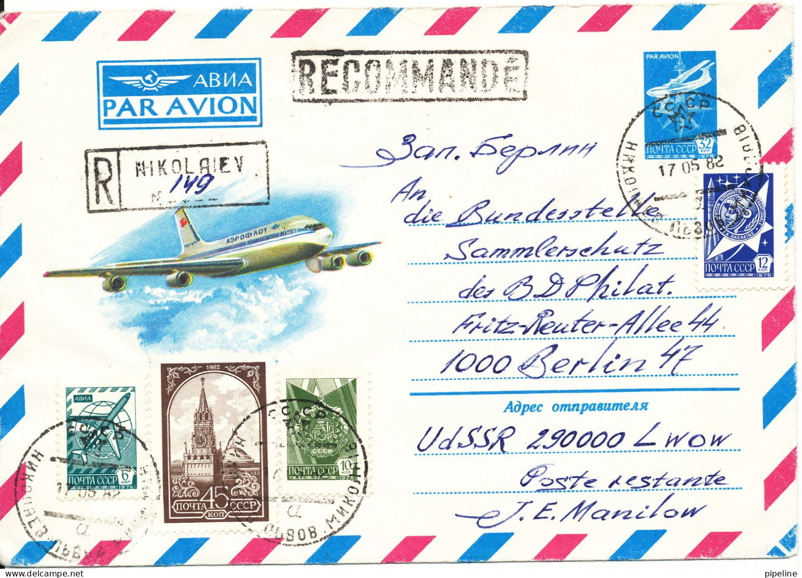 USSR Registered Air Mail Cover Sent To Germany 17-5-1982 - Briefe U. Dokumente