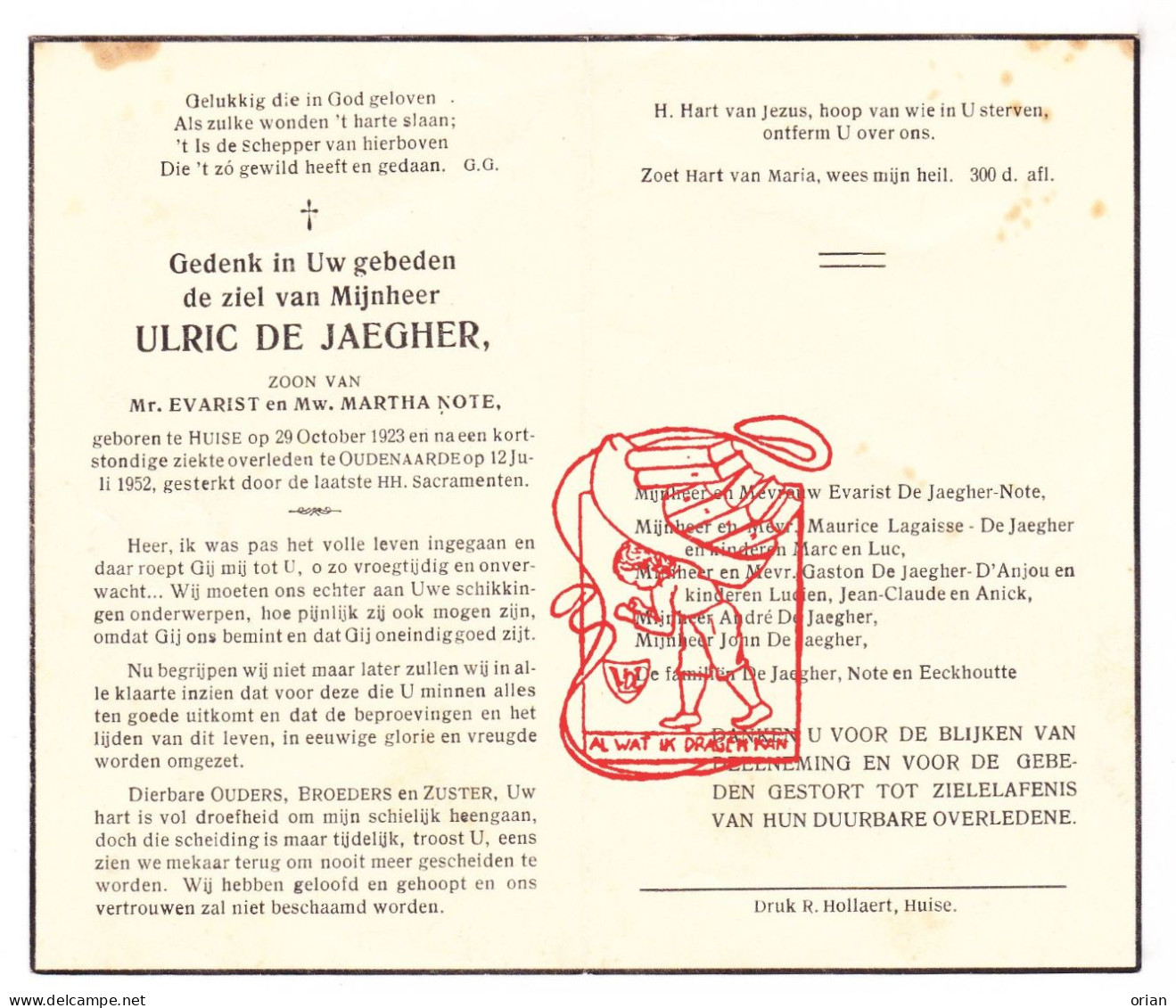 DP Ulric De Jaegher / Note 28j. ° Huise Zingem 1923 † Oudenaarde 1952 Lagaisse D'Anjou Eeckhoutte - Santini
