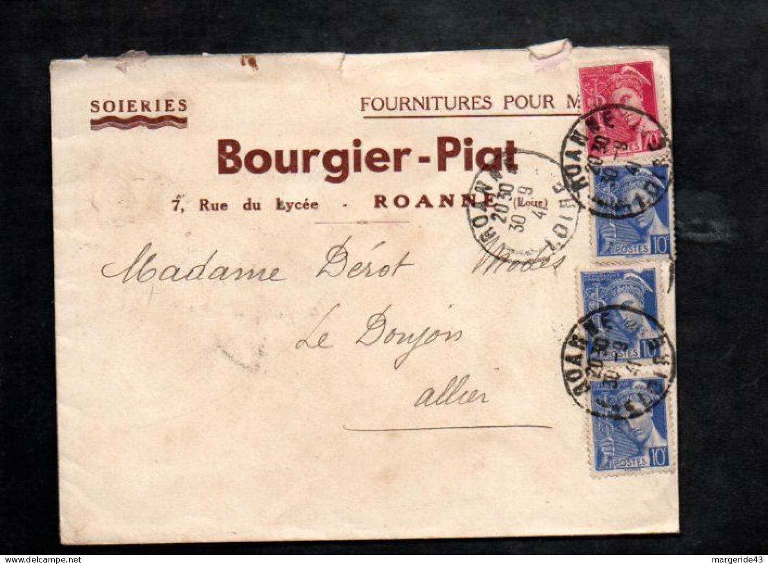 MERCURE AFFRANCHISSEMENT COMPOSE SUR LETTRE A EN TETE DE ROANNE 1941 - Tariffe Postali