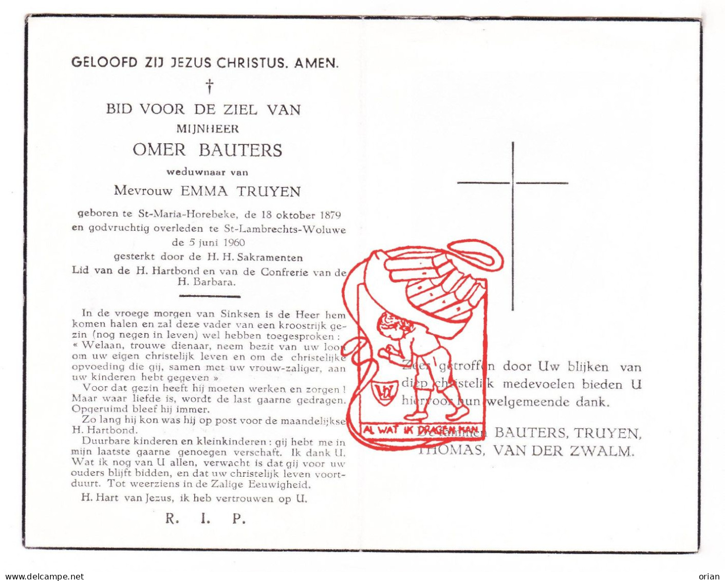 DP Omer Bauters ° Sint-Maria-Horebeke 1879 † Sint-Lambrechts-Woluwe 1960 X Emma Truyen // Thomas Van Der Zwalm - Santini