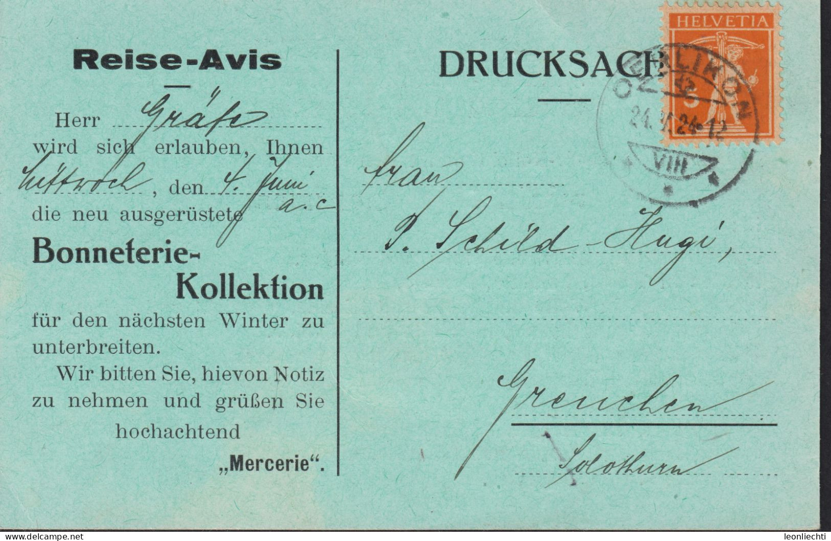 1921 Schweiz Drucksache, Zum:CH 152  Mi:CH 162x, Reise-Avis Bonneterie-Kollektion," MERCERIE" OERLIKON - Brieven En Documenten