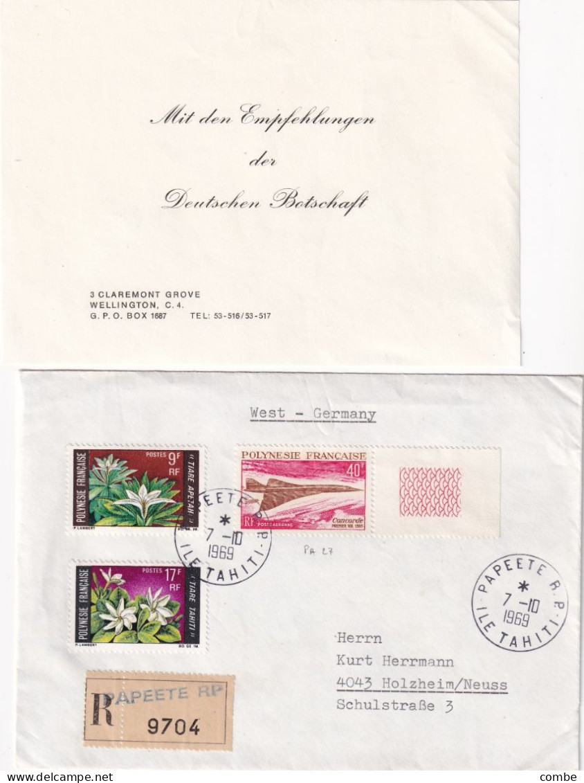 LETTRE. POLYNESIE. PAPEETE 7 10 69 AVEC CONCORDE N° PA 27. RECOMMANDE POUR HOLZHEIM NEUSS. ALLEMAGNE - Briefe U. Dokumente