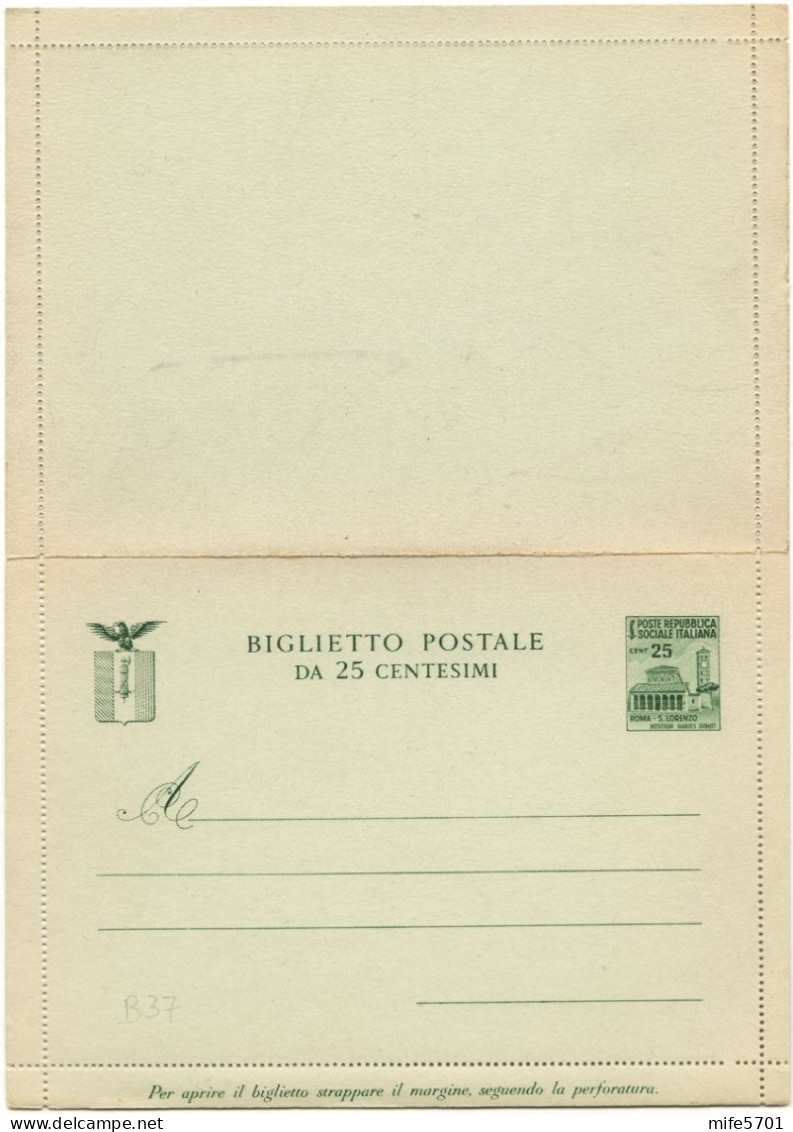 REPUBBLICA SOCIALE ITALIANA R.S.I. B37 - 1944 BIGLIETTO POSTALE TIPO 'MONUMENTI DISTRUTTI' DA C. 25 - NUOVO - Postwaardestukken