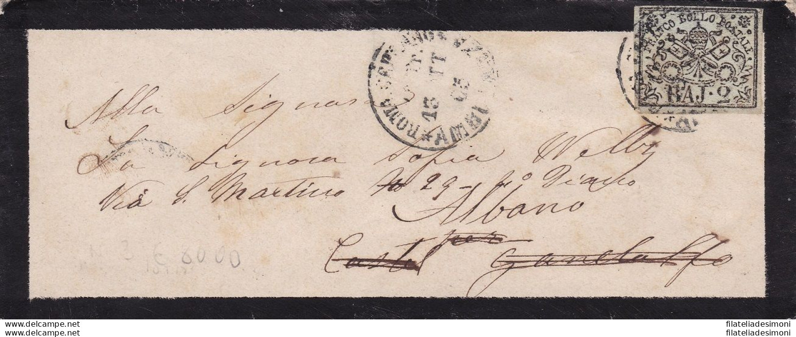 1852 Stato Pontificio, 2 Baj Verde Oliva N° 3 Su Lettera - Kirchenstaaten