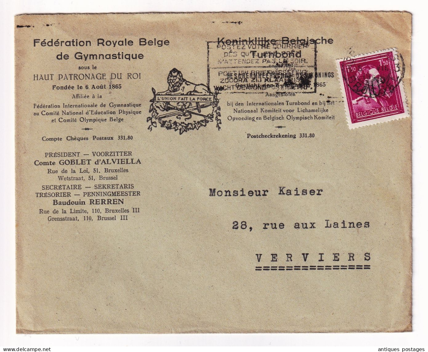 Lettre Belgique Fédération Royale Belge De Gymnastique Timbre Léopold III 1F50 Verviers - 1934-1935 Leopold III