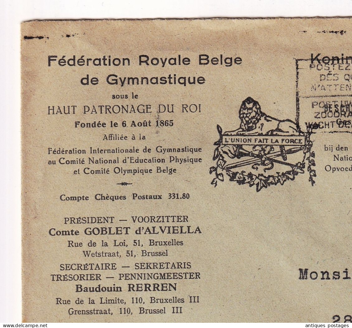 Lettre Belgique Fédération Royale Belge De Gymnastique Timbre Léopold III 1F50 Verviers - 1934-1935 Léopold III