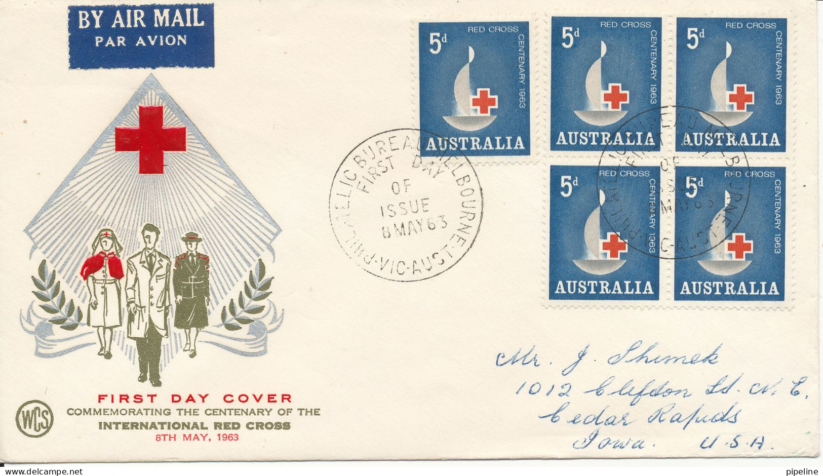 Australia FDC 8-5-1963 International Red Cross Single And A Block Of 4 On The Same Cover With Cachet Sent To USA - Ersttagsbelege (FDC)