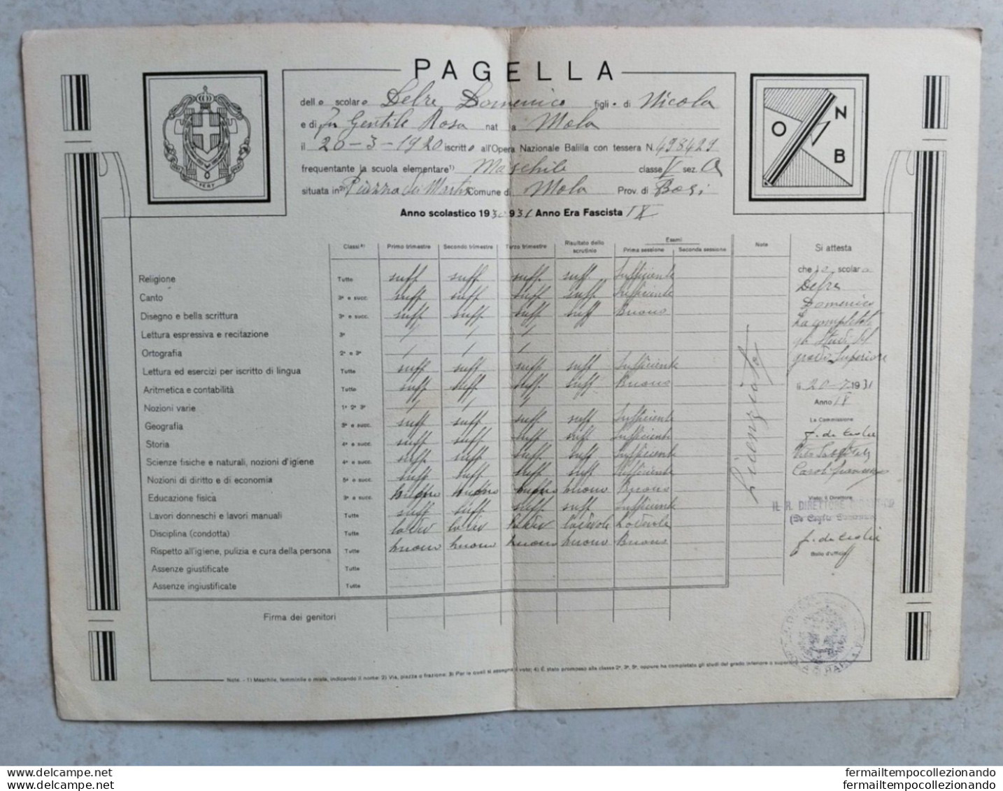 Bs23 Mola Di Bari Pagella Fascista Ministero Dell'educazione Nazionale 1930-31 - Diplomas Y Calificaciones Escolares