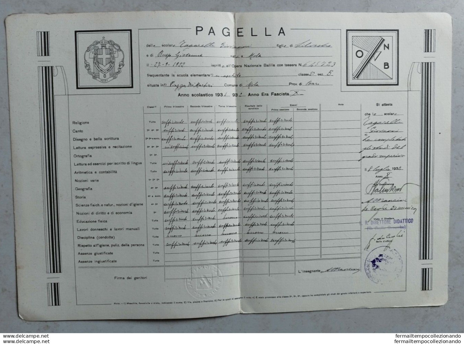 Bs26 Mola Di Bari Pagella Fascista Ministero Dell'educazione Nazionale 1932 - Diploma's En Schoolrapporten