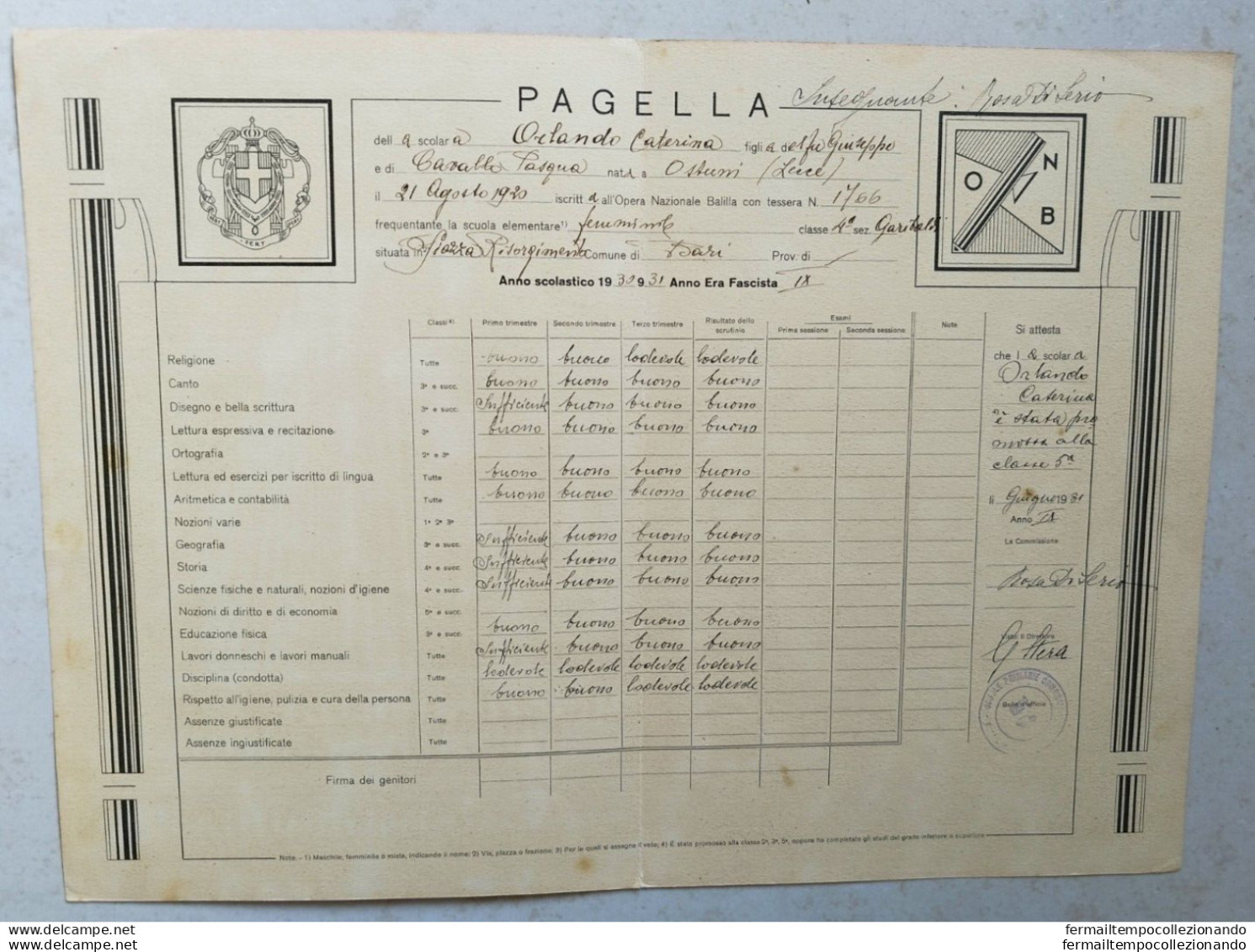 Bs31 Bari Pagella Fascista Ministero Dell'educazione Nazionale - Diploma & School Reports